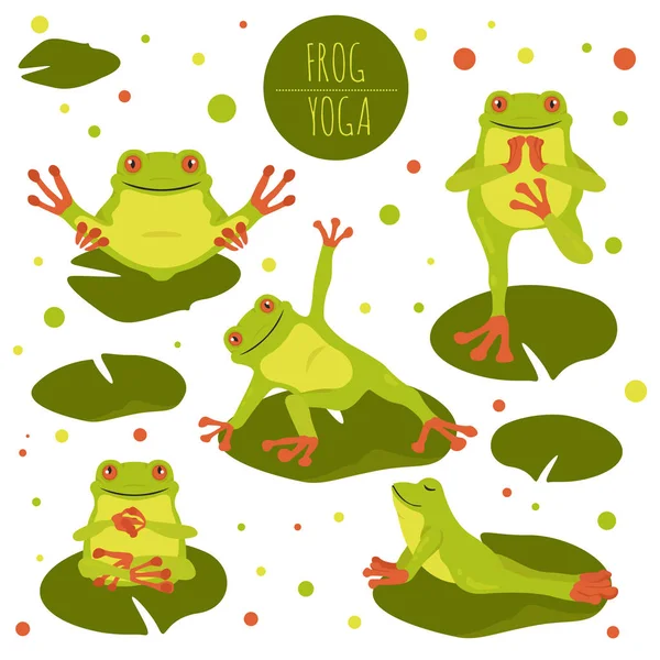 Joga żaba stwarza i ćwiczenia. Cute Cartoon zestaw clipart — Wektor stockowy