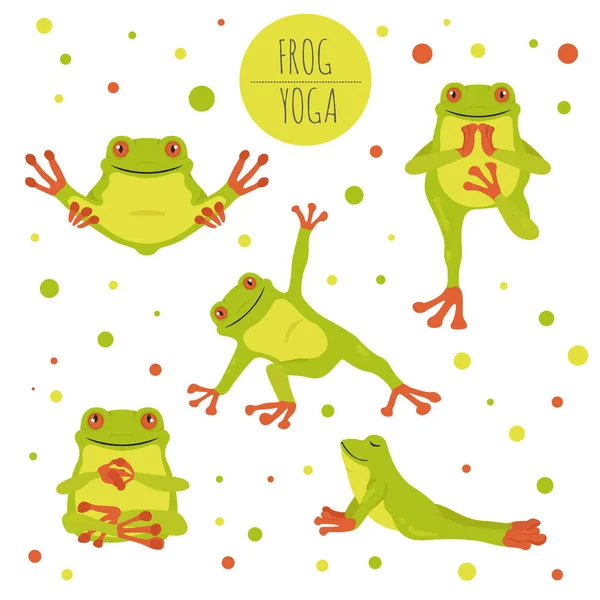 Poses de yoga de grenouille et exercices. Mignon jeu de cliparts de bande dessinée — Image vectorielle