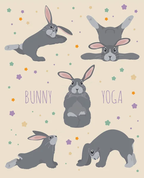 Bunny yoga poses and exercises. Cute cartoon poster design — Stock Vector