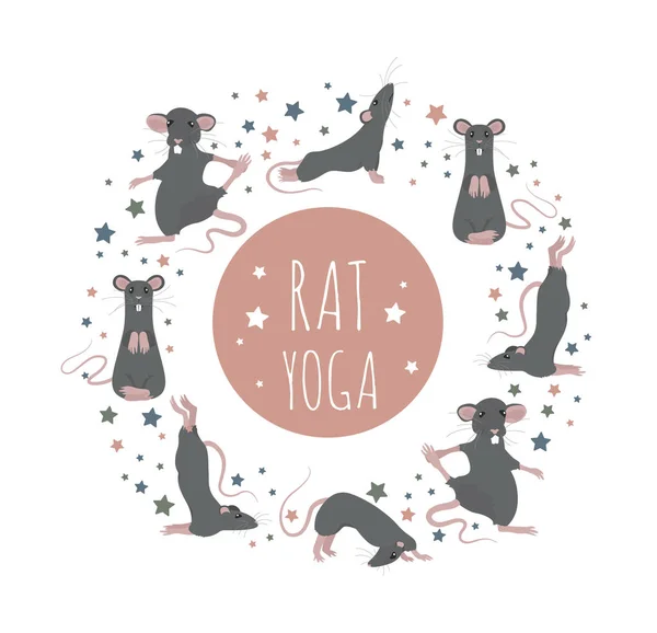 Rat yoga poses et exercices. Mignon jeu de cliparts de bande dessinée — Image vectorielle