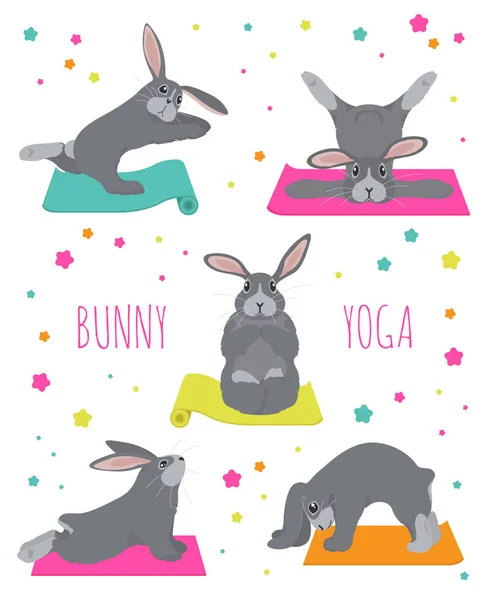 Poses de yoga lapin et des exercices. Mignon dessin animé poster design — Image vectorielle