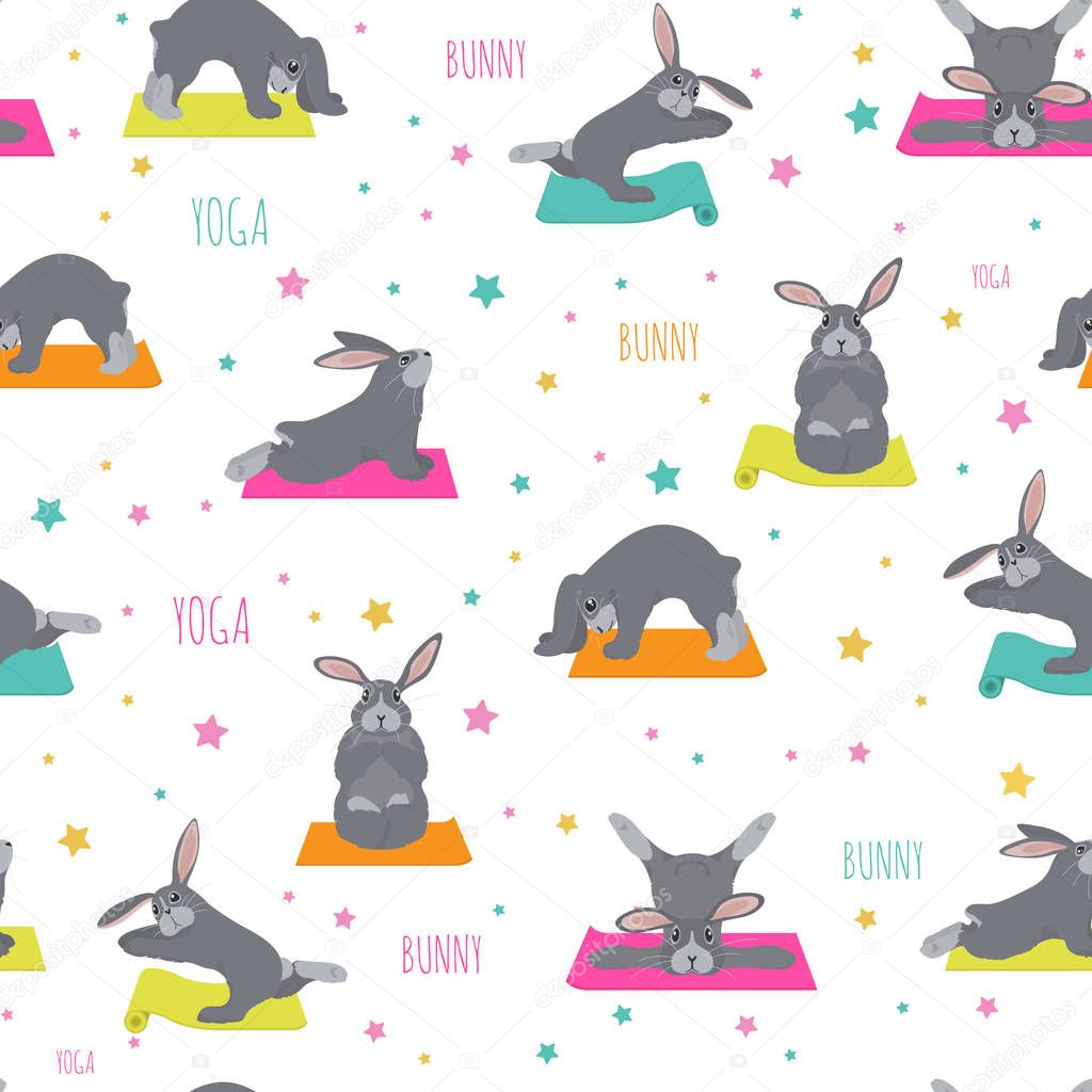 Bunny yoga poses and exercises. Cute cartoon seamless pattern de