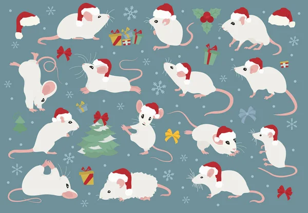 Różne świąteczne kolekcje myszy. Mysz stwarza i ćwiczenia. — Wektor stockowy