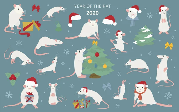 Pengumpulan tikus natal yang berbeda. Tikus berpose dan latihan. Cu - Stok Vektor