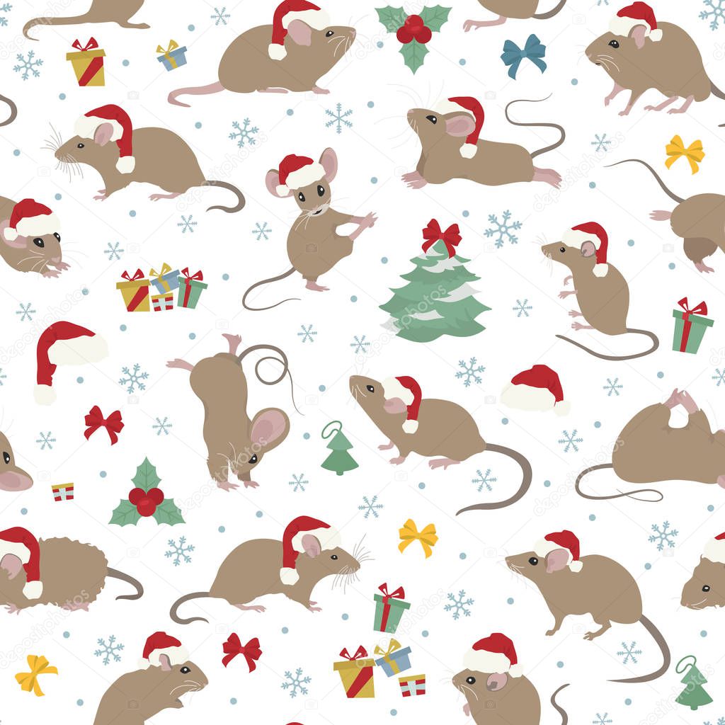 Mice christmas seamless pattern. Mouse poses and exercises. Cute