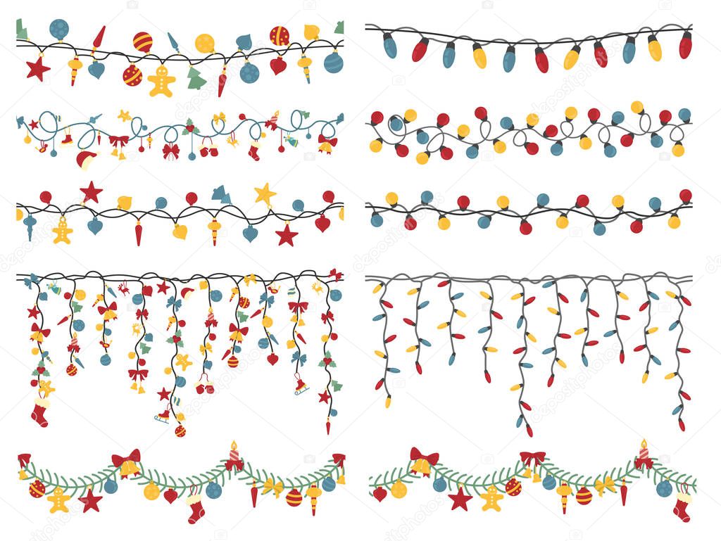 Christmas light garlands set. Colour isolated design seamless pa