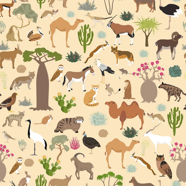 荒漠生物群 二叠纪灵长类生物群 自然区域无缝模式 陆地生态系统世界地图 鸟类和植被设计集 矢量说明 — 图库矢量图片