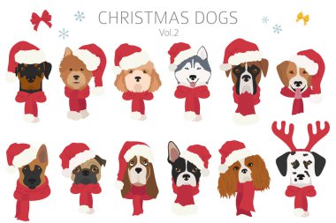 Noel Baba şapkaları ve eşarplarla köpek portreleri. Noel tatili tasarımı. Vektör illüstrasyonu