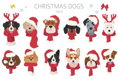 Noel Baba şapkaları ve eşarplarla köpek portreleri. Noel tatili tasarımı. Vektör illüstrasyonu