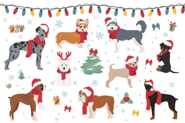 Noel Baba şapkalı ve eşarplı köpek karakterleri. Noel tatili tasarımı. Vektör illüstrasyonu