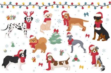 Noel Baba şapkalı ve eşarplı köpek karakterleri. Noel tatili tasarımı. Vektör illüstrasyonu