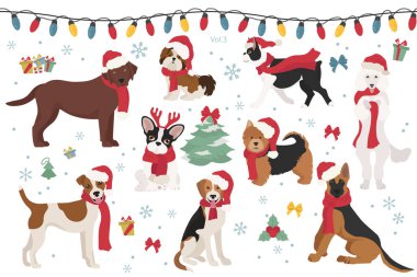 Noel Baba şapkalı ve eşarplı köpek karakterleri. Noel tatili tasarımı. Vektör illüstrasyonu