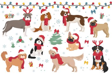 Noel Baba şapkalı ve eşarplı köpek karakterleri. Noel tatili tasarımı. Vektör illüstrasyonu