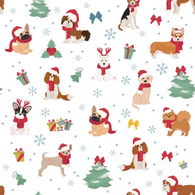 Noel Baba şapkalı ve eşarplı köpek karakterleri. Noel tatili kusursuz desen tasarımı. Vektör illüstrasyonu