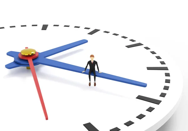 Man is sitting on the large clock hand. Concept of time management. 3D illustration