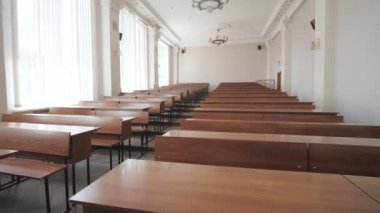 Empty classroom, modern auditorium for lectures. Conference hall. Education.