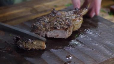 Chef Cuts of Grilled Beef Steak. Juicy Sliced Steak. Delicious Meat Food.