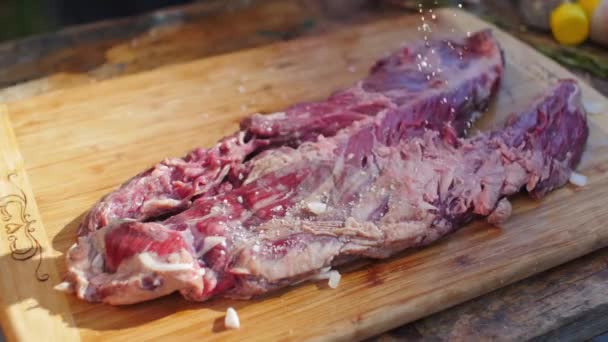 Carne Fresca Cruda Filete Chef Preparando Carne Fiesta Barbacoa Cocinar — Vídeos de Stock