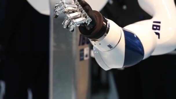 IBG παρουσίαση ρομπότ και ανθρώπινη συνεργασία στο Messe έκθεση στο Αννόβερο, Γερμανία — Αρχείο Βίντεο