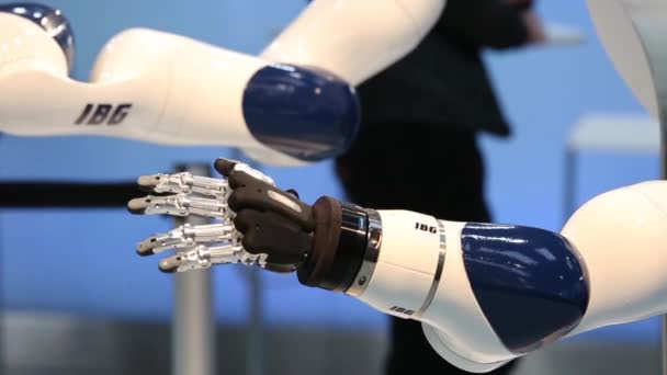Ibg präsentiert Roboter und menschliche Zusammenarbeit auf der messe in hannover — Stockvideo