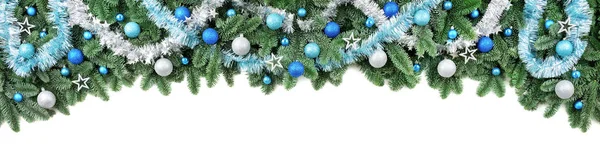 Studio Isolated Lush Fir Branches Baubles Blue White Border Arch — Stock Photo, Image