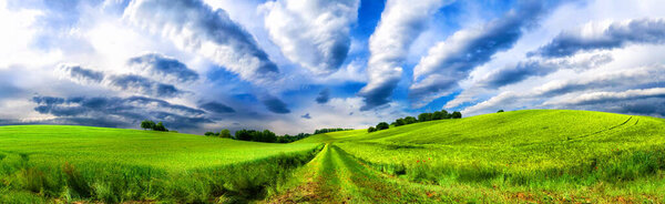 Panoramic rural landscape with idyllic vast green fields on hills and fascinating cloudscape