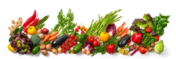 Układ Owoców Warzyw Wielu Apetycznych Kolorach Rzędu Koncepcja Zdrowego Stylu — Zdjęcie stockowe