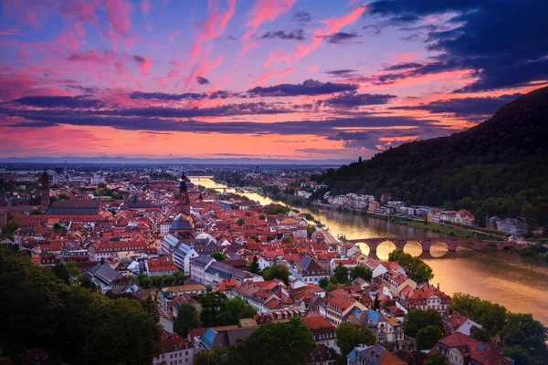Romantic Aerial View Heidelberg Neckar River Germany Dramatic Afterglow Vibrant — Stock Photo, Image