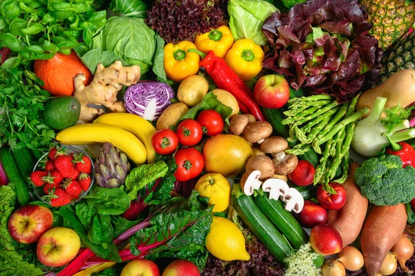 Haufen Obst Und Gemüse Vielen Appetitanregenden Farben Aufgenommen Von Oben — Stockfoto
