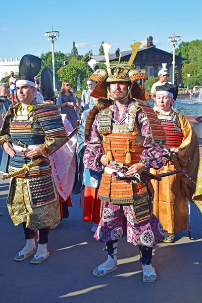 Rusya Moskova Ağustos 2018 Kostümleri Iki Samuray Onların Yardımcıları Rusya — Stok fotoğraf