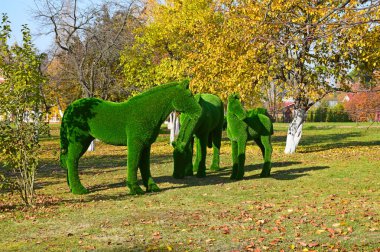 Chernigov, Prens Igor Katedrali yanındaki parkta atların heykeller. Rusya, Moskova, Ekim 2018