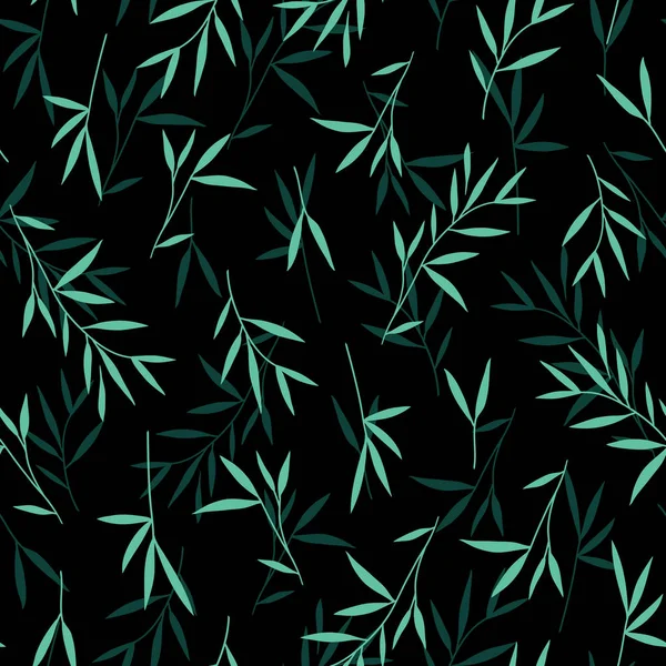 Seamless Pretty Green Bamboo Leaves Pattern Vector Illustration Black Background — Stock Vector