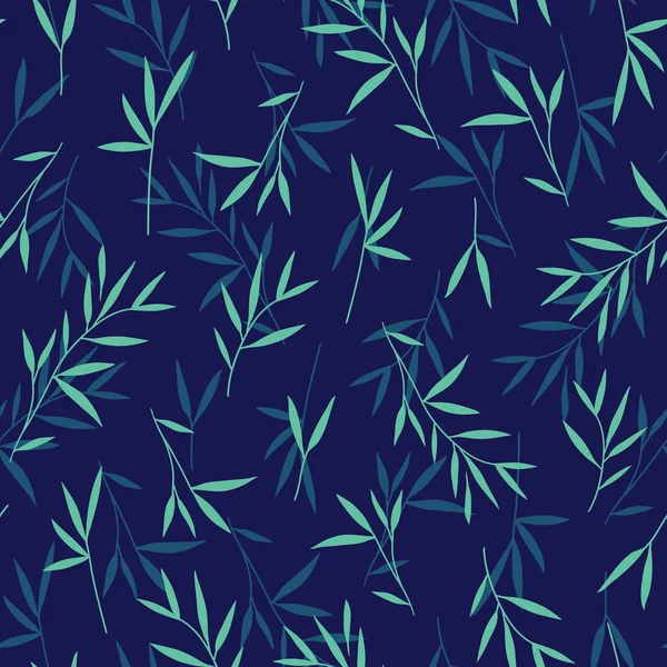 Nahtlose Hübsche Grüne Bambusblätter Muster Vektor Illustration Blauer Hintergrund — Stockvektor