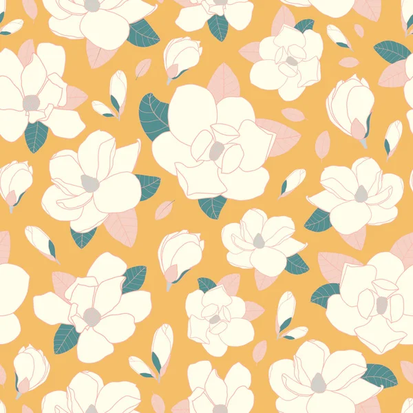 Modèle Sans Couture Fleur Magnolia Avec Fond Moutarde Illustration Vectorielle — Image vectorielle