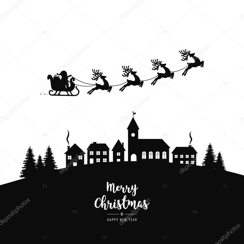 Santa sleigh flying silhouette into the winter village christmas night isolated background