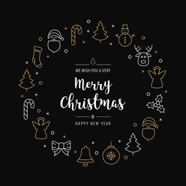 Noel tebrik çelenk simgeler öğeleri altın siyah arka plan daire