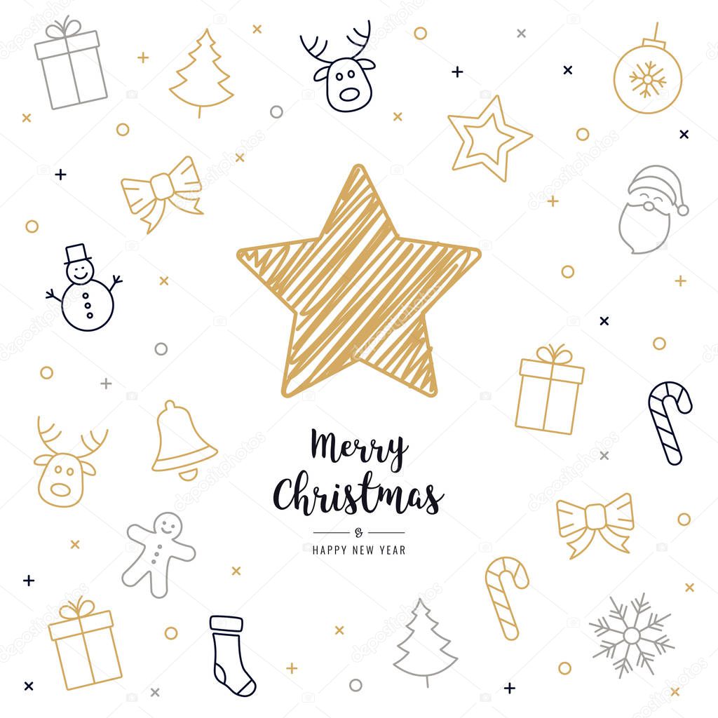 christmas card icon elements golden black text greeting drawing star isolated background