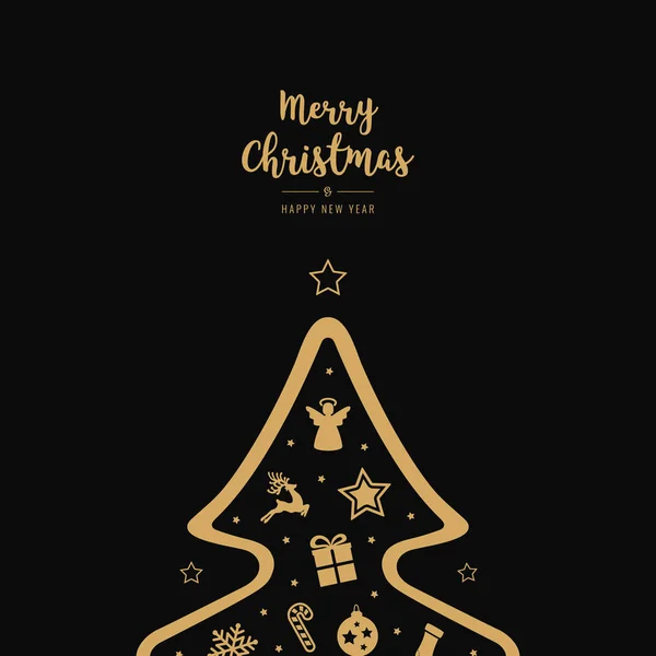Feliz Natal Árvore Ícone Elementos Ouro Cartão Fundo — Vetor de Stock