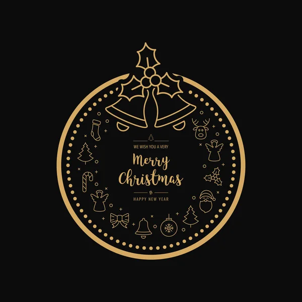 Navidad Icono Oro Bauble Corona Elementos Fondo Negro — Vector de stock