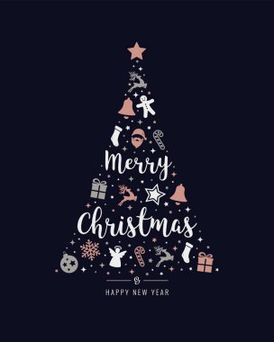 Noel ağacı gül altın simgesi öğeleri mavi renkli yazı