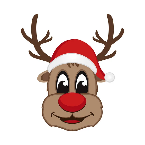 Reindeer Face Santa Hat Smile Isolated Background — Stock Vector