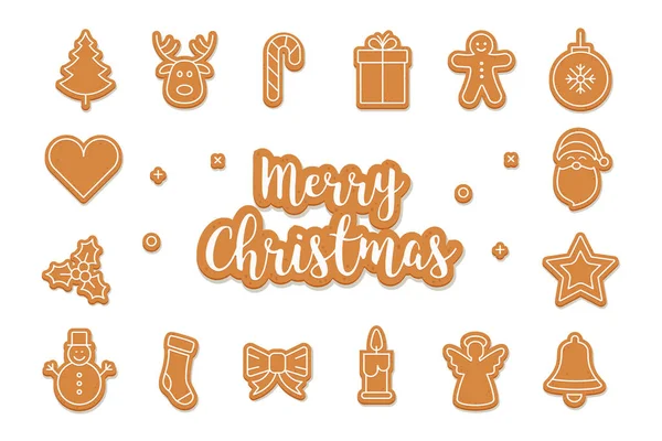 Merry Christmas Greetings Gingerbread Cookie Set Isolated Background — Stock Vector