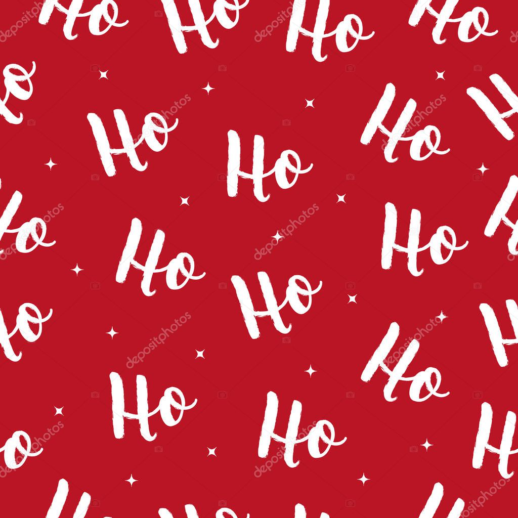 Ho Ho Ho Christmas vector greeting card lettering seamles pattern red background 