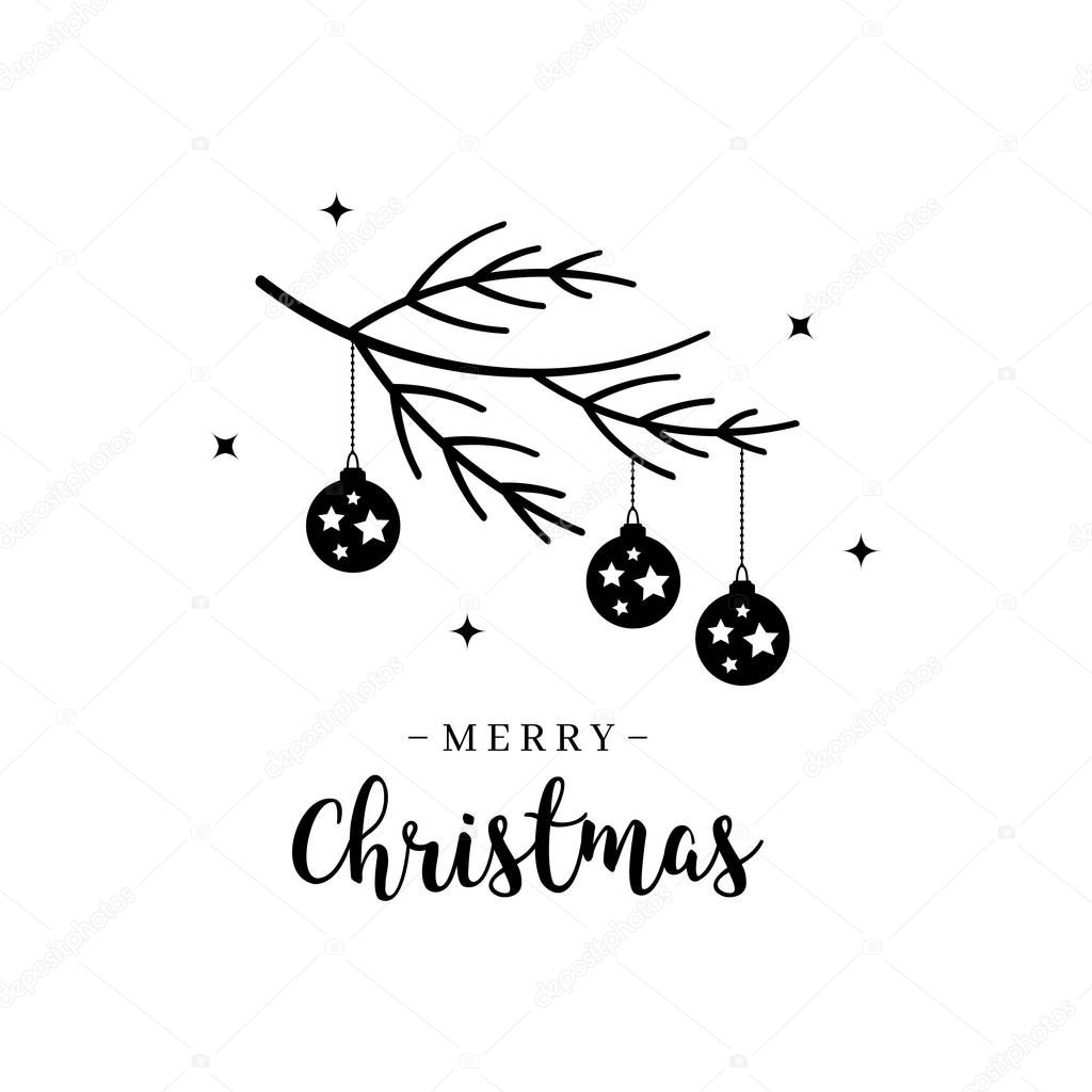 Merry Christmas greeting text lettering branch bauble isolated background 