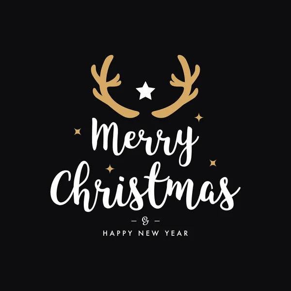 Feliz Navidad saludo cornamenta ciervos oro fondo negro — Vector de stock