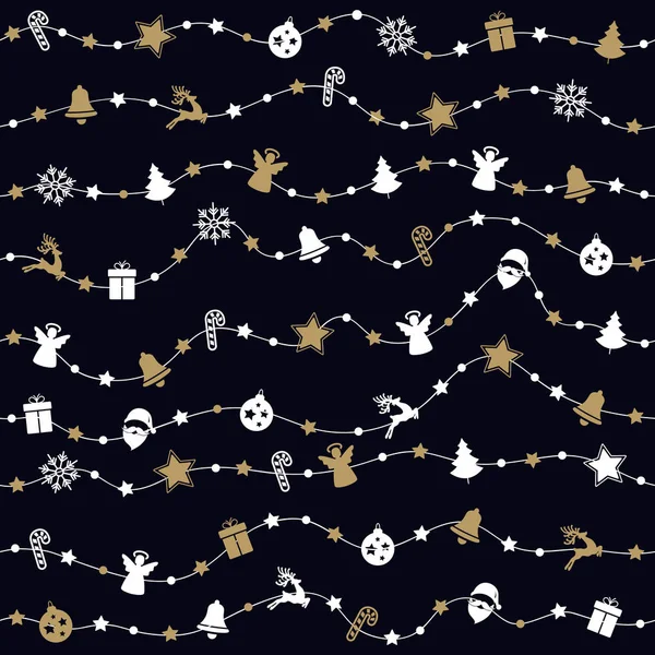 Weihnachtsschmuck auf Strickschnur nahtloses Muster schwarzer Hintergrund — Stockvektor