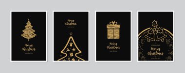 Bir set noel ve mutlu yeni yıl tebrik kartları. Harflerle süslü dekoratif unsurlar..