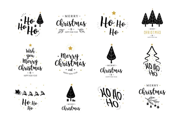 メリークリスマスハッピーニューイヤー、タイポグラフィのレタリングバッジは、引用符セットコレクションを象徴する。はがき、招待状、グリーティングカード、ポスター、ギフト用ベクトルロゴデザイン. — ストックベクタ