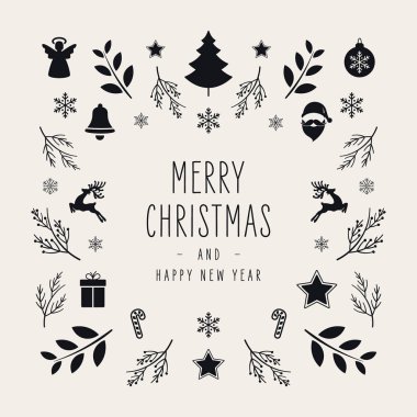 Arkaplanda tebrik kartları ve simge unsurları olan Noel tebrik kartı.