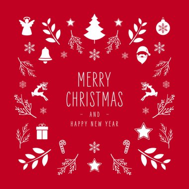 Kırmızı arkaplanda kutlama süsleri ve simge unsurları olan Noel tebrik kartı.